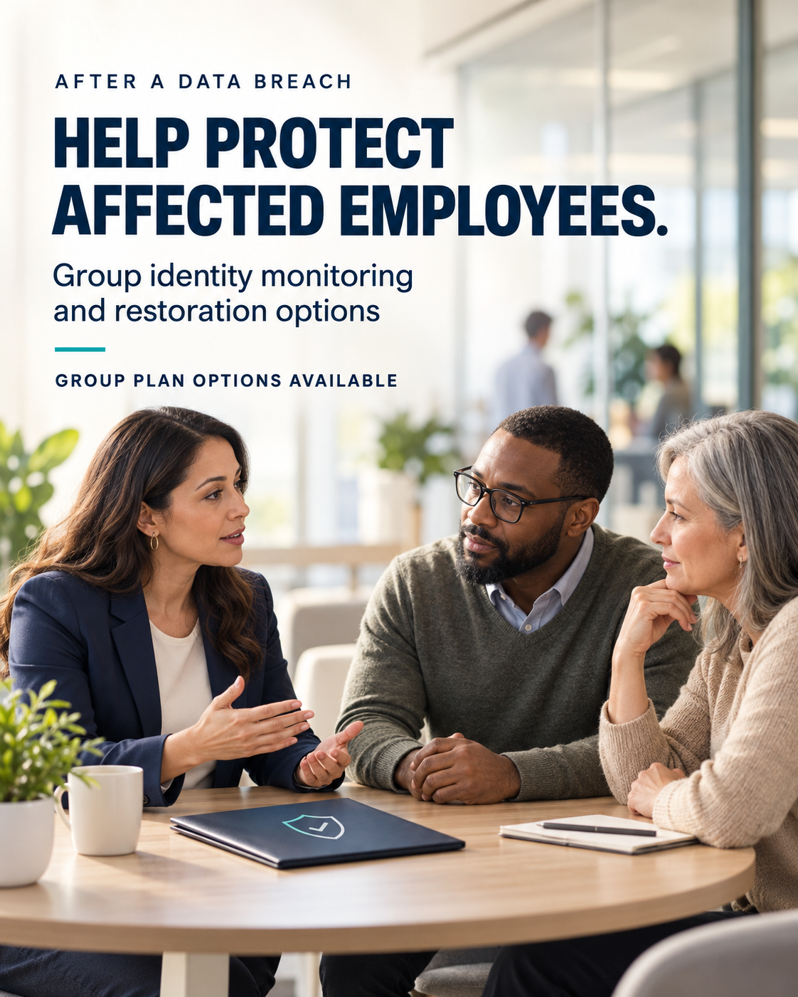 A benefits advisor calmly discussing group identity protection options with two workplace representatives